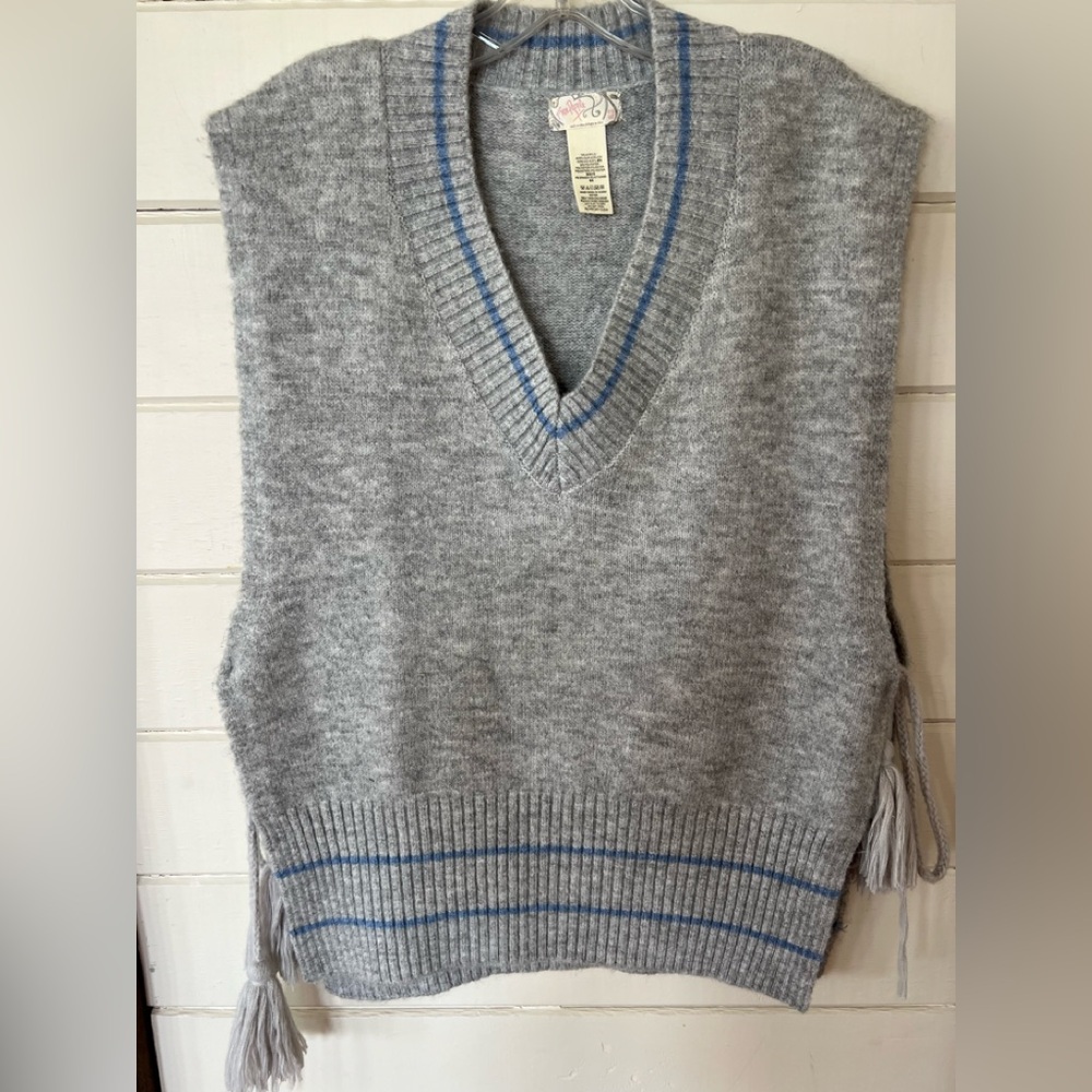 Free People Gray and Blue V-Neck Sweater Vest
